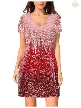 Sequin Glitter Short Sleeve V Neck Mini Bodycon Party Club Dress